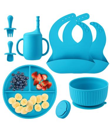 Baby Feeding Set Baby Led Weaning Supplies Silicone Bib Suction Divided c Bowl Spoon Fork Toddler Utensils - 6 Moths Blue