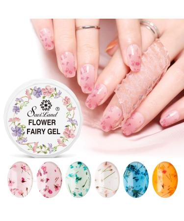 Saviland Dried Flower Gel Nail Polish  6 Colors Soak Off U V LED Nail Varnish Decoration Manicure Nail Art Design Kit (Pink Blue Yellow)