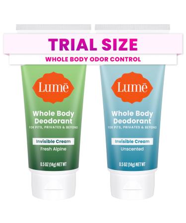 Lume Whole Body Deodorant - Mini Travel Size Invisible Cream Tube - Trial Size - 72 Hour Odor Control - Doctor Developed - Aluminum and Baking Soda Free - .5oz (Pack of 2) (Fresh Alpine & Unscented) Unscented & Fresh Alpine