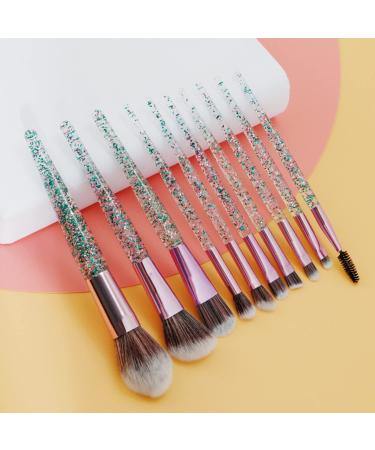 10 PCS Glitter Handle Makeup Brush Set | Professional Face & Eye Brushes | Green Cosmetic Brushes in Transparent Bag - International Shipping - Buy Online on SooperMarket.com