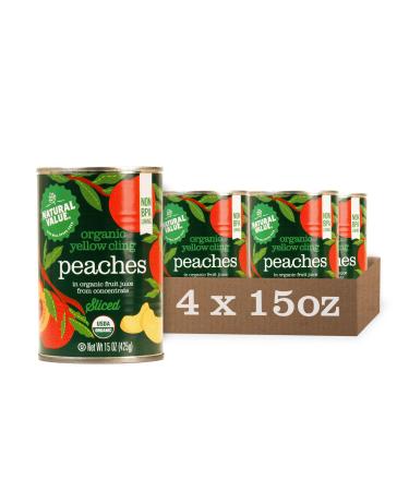 Natural Value Organic Yellow Cling Sliced Peaches 15 oz (pack of 4) Product of USA Gluten Free Vegan GMO Free Non BPA Lining In organic fruit juice from concentrate