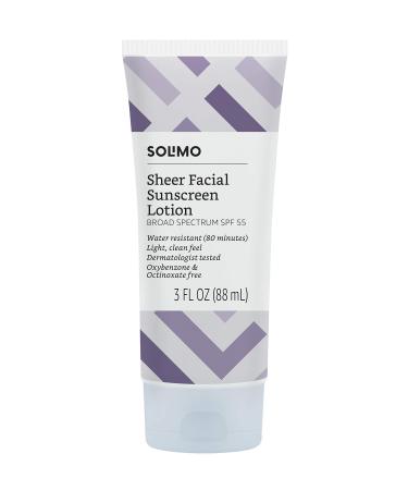 Amazon Brand - Solimo Sheer Face Sunscreen SPF 55  Reef Friendly (Octinoxate & Oxybenzone Free)  3.0 Fluid Ounce ReefFriendly 3 Fl Oz (Pack of 1)