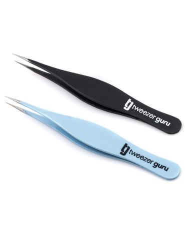 Tweezer Guru Pointed Tweezers - Sharp Precision Needle Nose Tip  Best Tweezers for Eyebrows and Ingrown Hair  Surgical Pointed for Blackheads & Splinters (Sky Blue & Black) 2 Piece Set Black + Sky Blue
