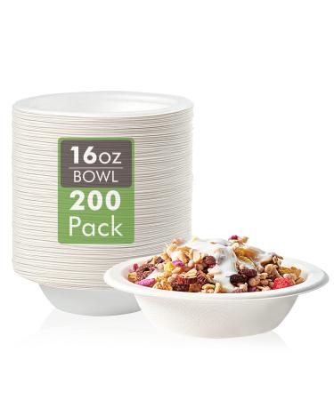Vplus 200 Pack 16 OZ Paper Bowls Disposable Compostable Bowls Bulk Eco-friendly Bagasse Bowls Heavy-duty Bowls Perfect for Milk Cereals Snacks Salads White 16