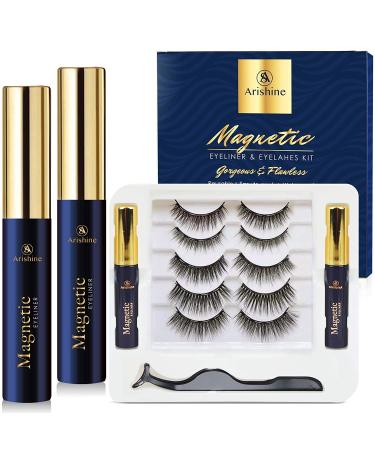 5 Pairs Reusable Magnetic Eyelashes and 2 Tubes of Magnetic Eyeliner Kit  Upgraded 3D Magnetic Eyelashes Kit With Tweezers Inside  Magnetic Eyeliner and Magnetic Eyelash Kit - No Glue Needed