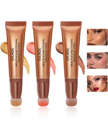 3pcs Liquid Contour Beauty Wand Face Highlighter & Blush Stick with Cushion Applicator High Coverage Natural Matte Finish Lightweight Blendable Liquid Contour Stick