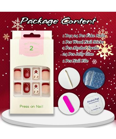 Christmas Short Square French Tip Press On Nails - Red Elk Snowflake Design - Winter Xmas Nail Art for Women - Style 2 - Buy Online on SooperMarket.com