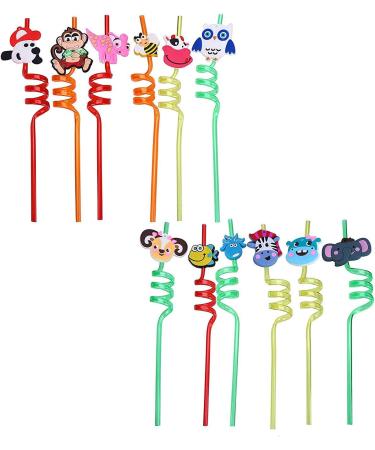 iwobi 12 Pcs Animal Curly Straws Reusable Plastic Curly Novelty Straws for Kids Birthday Party - Buy Online on SooperMarket.com