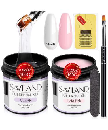 Saviland 2 pieces u v gel assembly gel kit-3.53 ounces clear & light pink hard gel for nails kit with gel nail brush nail shapes large capacity soac-off u v gel set for nail extension and repair clear & light pink