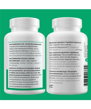 Vitasave Vitamin K2 120mcg 60 Vegetarian Capsules | Supplement with Premium MK-7 | Non-GMO Formula with Maximum Absorption | Supports Healthy Bone Maintenance | Made in Canada 60 count (Pack of 1) - Buy Online on SooperMarket.com