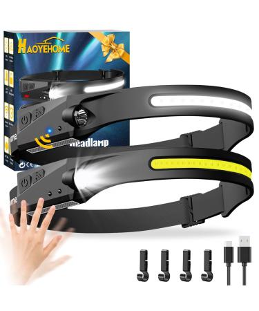 Headlamp Rechargeable 2 Pack, Headlamps for Adults, 230Bright Beam Headlamp & Spotlight, Motion Sensor, 6 Modes Lightweight Head Lamps Flashlight with Clips for Repairing, Camping Running, Cycling Black-2