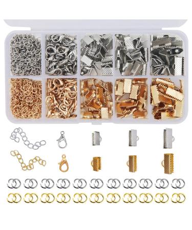 EuTengHao 440Pcs Ribbon Bracelet Kit Bookmark Pinch Crimp Ends Jewelry Findings Supplies Includes Ribbon Ends Crimps Lobster Clasps Open Jump Rings and Chain Extenders (Gold and Silver)