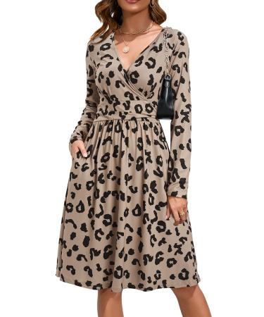 OUGES Women's Spring Casual Midi Dress Long Sleeve V-Neck Floral Ladies Wrap Dress with Pockets M Leopard01