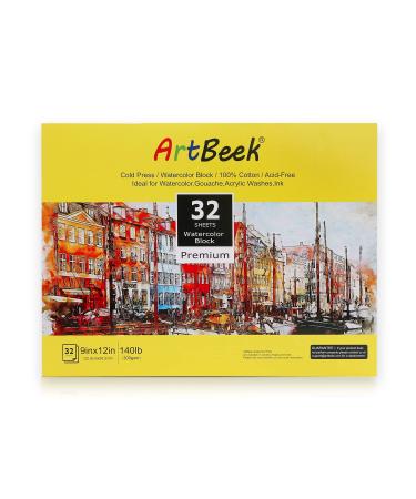 ArtBeek Watercolor Paper Block,9" x 12" Watercolor Block 32 Sheets 100% Cotton Cold Press 140lb/300GSM
