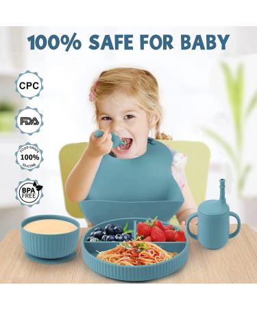 Baby Feeding Set: Silicone Bib, Suction Bowl, Spoon, Fork - Grey | Toddler Utensils for Baby Led Weaning (6 Months+) - Buy Online on SooperMarket.com