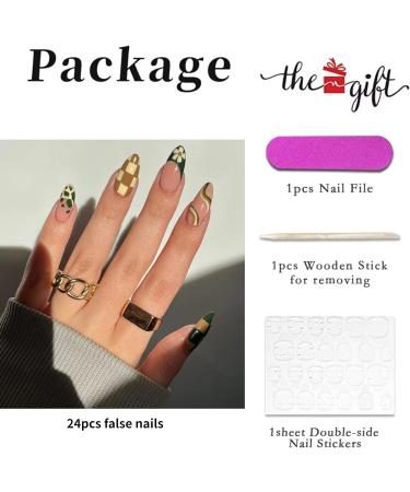 Dark Green Checkerboard & Swirl Oval Press on Nails Set - 24Pcs Acrylic False Fingers for Women Girls - Buy Online on SooperMarket.com