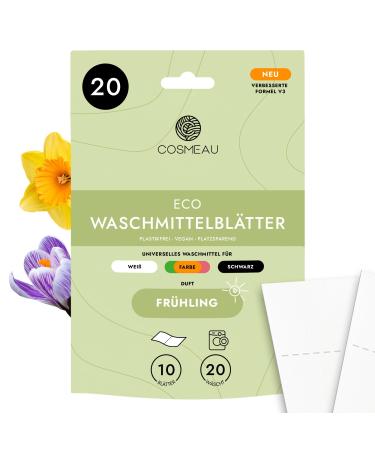 Cosmeau detergent leaves spring fresh - up to 20 washes (10 leaves) - sustainable detergent for white color and black - plastic -free degradable & perfect travel detergent