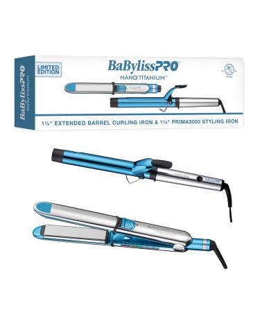 BabylissPRO Nano Titanium Prima Ionic Hair Straightener Curl and Straighten Hair With One Professional Tool 1 1/4 Inch with 1 1/4 Inch exteneded Blue