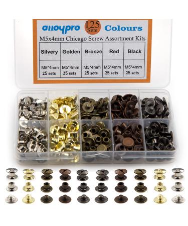 125 Sets Chicago Screws Assorted Kit 5 Color Leather Rivets Screw Rivets Flat Fillister Book Binding Posts Nail Rivet Chicago Bolts for DIY Leather Craft Black Silver Golden Bronze (Colours 5 4mm)