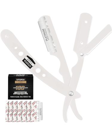 Utopia Care Professional Barber Straight Edge Razor Safety with 100-Pack Lord Blades - 100 Percent Stainless Steel (white)