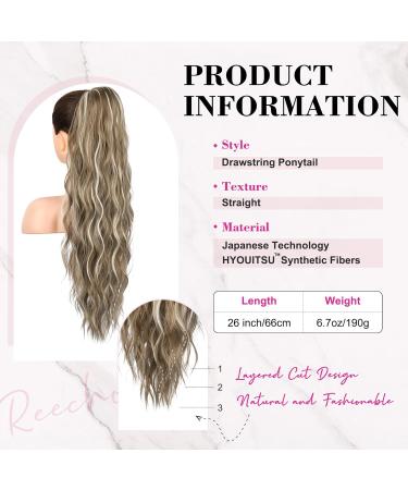 REECHO 26 Long Beach Wave Ponytail Extension - Ash Brown with Platium Highlights | Synthetic Drawstring Hairpiece for Women - Buy Online on SooperMarket.com
