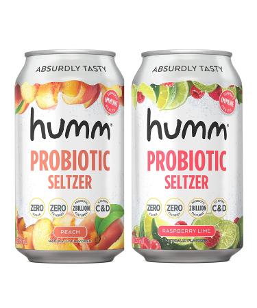Humm Sparking Probiotic Seltzer Variety Pack - Peach, Raspberry Lime - Zero Sugar, Zero Calorie, Whole30 Approved - 2 Billion Probiotics - Vitamin C,D, and B12 - 12 fl oz (12 Pack)