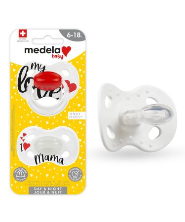 Medela Baby Pacifier | Day and Night Glow in The Dark | 6-18 Months | 2-Pack Lightweight | BPA-Free | Supports Natural Suckling | My Love and I Love Mama