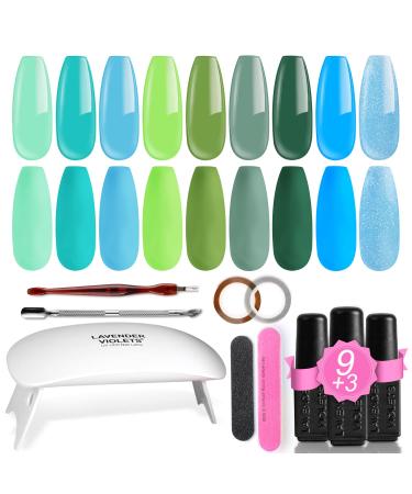 Lavender Violets 19 Pcs Gel Polishes Starter Kit Green & Blue Hawaiian Island Portable LED Nail Lamp Dryer Soak Off UV Base Matte n No Wipe Top Coat Nail File Golden Sliver Sticker Manicure Tools 969B Hawaiian Island-969B
