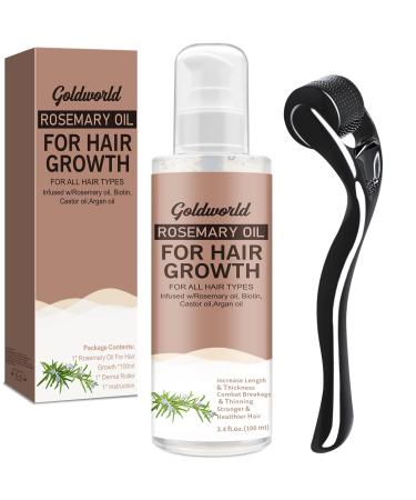 GoldWorld Rosemary Oil for Hair Growth w/Derma Roller Hair Growth Men Women 100ml Light-Weight Non-Greasy Hair Growth Oil Serum Reduce Beard Hair Loss Diluted Rosemary Oil Dry Damaged Hair Tonic