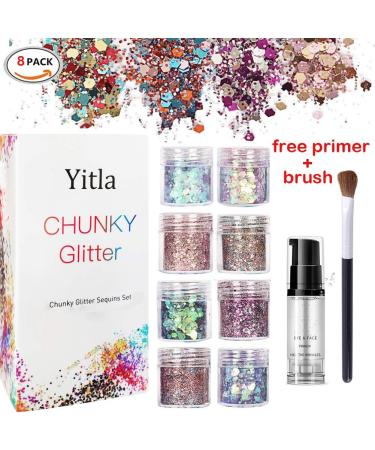 Yitla 8 Color Face Glitter Set for Festivals & Parties - Cosmetic Glitter for Body, Cheeks & Hair with Fix Gel & Brush - Buy Online on SooperMarket.com