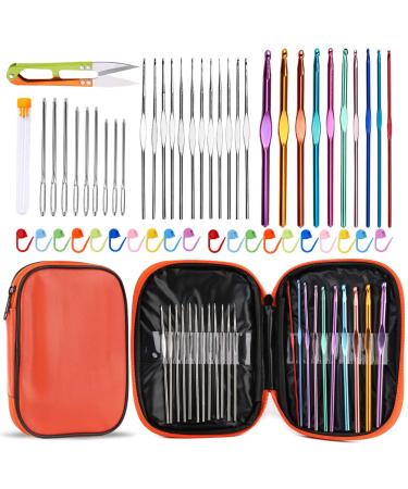 IMZAY 54 Pcs Crochet Needles Set Crochet Hooks Kit with Storage Case Ergonomic Knitting Needles Blunt Needles Stitch Marker DIY Hand Knitting Craft Art Tools for Beginners Orange