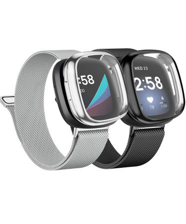 Tobfit [2 Pack] Metal Bands Compatible with Fitbit Versa 3 / Fitbit Sense, with [2 x TPU Screen Protector Case] Stainless Steel Adjustable Magnetic Wristbands (Black & Silver, Large) Large (for Fitbit Versa 3/Sense) Black …