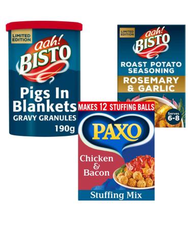 Christmas Dinner Bundle Containing Bisto Pigs In Blankets Flavour Gravy Granules Paxo Chicken & Bacon Flavour Stuffing Mix Bisto Rosemary & Garlic Crispy Potato Seasoning