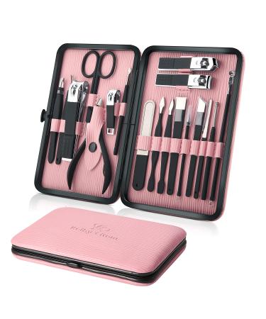 Keiby Citom Manicure Set 18pcs Professional Nail Clippers Kit Pedicure Care Tools-Stainless Steel Grooming Tools With Rose Gold PU Leather Case for Travel & Home (Pink)