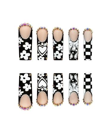 SIXDIAN Black Nude Glitter Diamond Heart Square Press on Nails - Extra Long Coffin Acrylic False Nails for Women and Girls - Buy Online on SooperMarket.com