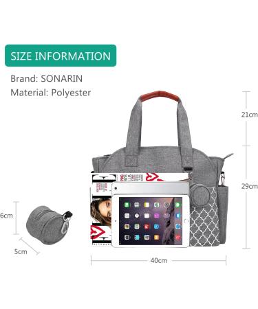 SONARIN Multi-Function Waterproof Baby Changing Tote Bag - Grey | Large Capacity Diaper Bag with Pacifier Holder and Travel Satchel Messenger Bag - Buy Online on SooperMarket.com