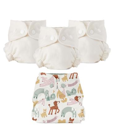 Esembly Cloth Diaper Bundle Set 3 Organic Absorbent Inners and 1 Waterproof Recycled Diaper Cover Reusable Washable Diapers with Snap Closure Size 1 (7-17lbs) Off-Leash Size 1 Bundle - Off-Leash