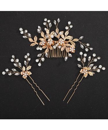 Chargances 3 Pieces Wedding Hair Comb Bridal Hair Pins Set Gold Leaf Crystal Wedding Hair Side Comb Rhinestone Beaded Hair Accessories for Brides Women Girls (Gold)