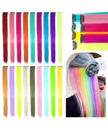 Colored hair extension clips multi-colored strands of hair rainbow color straight synthetic hair part for girls and children hair parts steaks clip (18 colors)