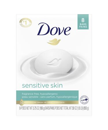 Dove Beauty Bar More Moisturizing Than Bar Soap for Softer Skin, Fragrance Free, Hypoallergenic Sensitive Skin With Gentle Cleanser, 3.75 Ounce (Pack of 8)