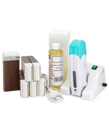 Epilwax Complete Hair Removal Waxing Kit with Modular Base - Includes 6 Chocolate Wax Roll-on Cartridges Roll On Wax Heater 100 Strips and Waxing Oil