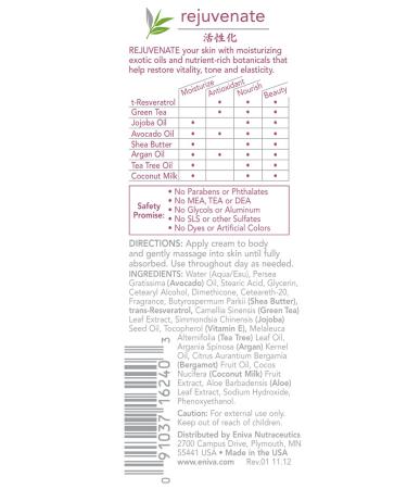 Eniva Premium Rejuvenate Natural Therapy Cream - Anti-Aging Face Neck & Chest Cream for Smoother Skin & Wrinkle Reduction (6 oz) - Shop Internationally - Buy Online on SooperMarket.com