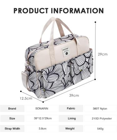 SONARIN Large Capacity Waterproof Baby Changing Tote Bag - Multi-Function Satchel Messenger Bag with Shoulder Strap & Changing Mat, Black & White Petals - Buy Online on SooperMarket.com