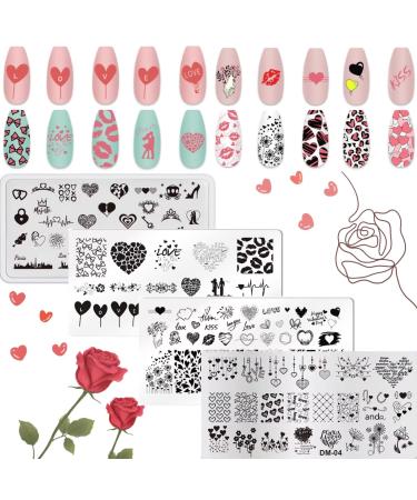 RUNRAYAY 4Pcs Love Series Nail Stamping Plates for Nails Image Valentine's Day Theme Nail Templates Nail Stencils for Nails Art Stamping Kit Nail Stamp Plates Set Printing Tools for Women Girls DIY