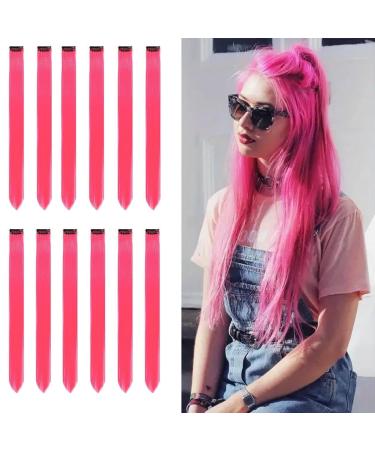 12 PCS Hot Pink Hair Extensions Clip in 22Inch Hot Pink Hair Extensions Colorful Straight Extensions Hair Highlights Accessories for Kid Girls Women Party Hair Decor 12pcs- Hot Pink