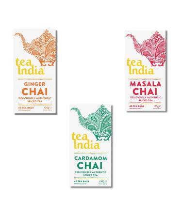 Tea India Chai Pick N Mix - Choose From 3 Flavours | Ginger-Chai Masala-Chai and Cardamom-Chai | Authentic Spiced-Tea Pack of 3 (Each 40 Teabags 100g)