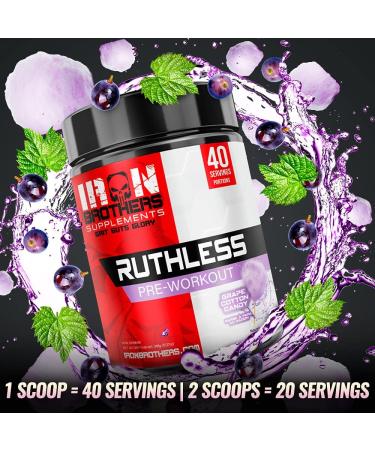 Iron Brothers Supplements Ruthless Pre workout Powder for Women & Men | Creatine-Free Nitric Oxide Booster | Energy & Focus | Workout Supplement Bulk Pre-Workout | 40 Servings (Grape Cotton Candy) - Buy Online on SooperMarket.com