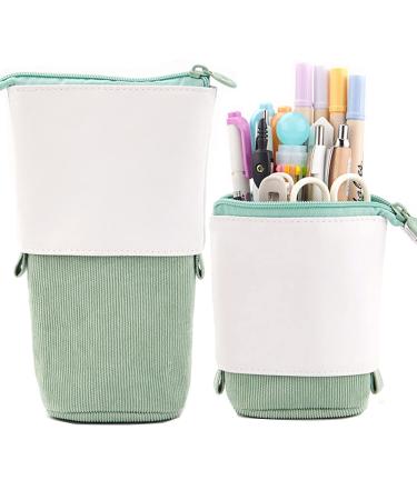 Friinder Pen Pencil Telescopic Holder Stationery Case, PU Corduroy Stand-up Retractable Transformer Bag Colorful Organizer, Great for Christmas Holiday Gift (Green)