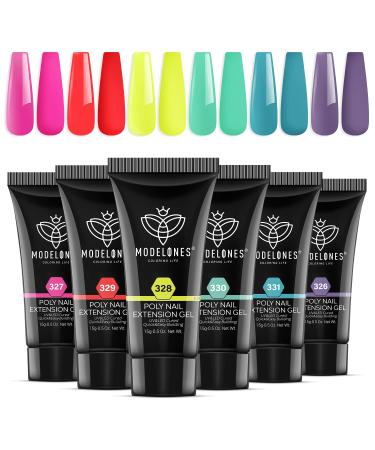 Modelones Poly Nail Gel Set  6 Colors Forever Young Collection Turquoise Purple Blue Neon Yellow Hot Pink Poly Extension Gel Nail Enhancement Builder Nail Gel Spring Hot Summer French Manicure DIY Home Beauty Gift A1-Neo...