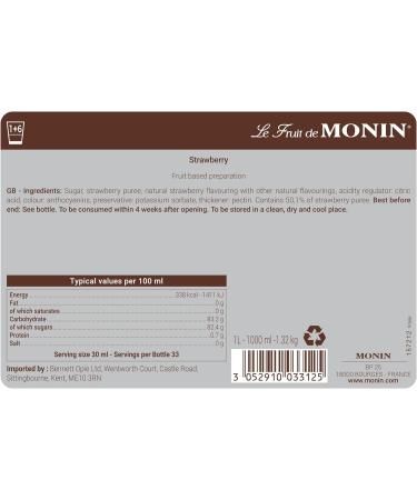 MONIN Strawberry Fruit Mix Puree 1L for Cocktails Smoothies and Mocktails. Vegan-Friendly Allergen-Free 100% Natural Flavours and Colourings. 2-in-1 Strawberry Puree and Sugar Syrup Hybrid - Buy Online on SooperMarket.com